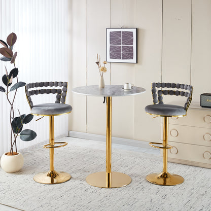 Modern Gold Bar Table Set with 2 Adjustable Bar Stools, Round Marble-Patterned Pub Table for Home Bar & Kitchen