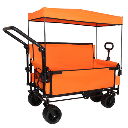 3-in-1 Folding Wagon Cart with Bench Seat & Canopy & Storage, 500lbs Heavy-Duty, 180L Capacity, All-Terrain Wagon for Camping, Beach, Sports, & Garden, Orange