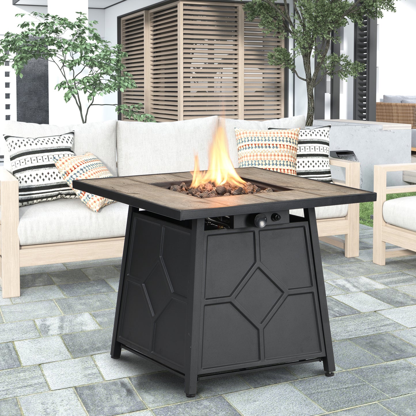 Fire Pit Table, 28-inch Square 40,000 BTU Auto-Ignition Propane Gas Firepit with Waterproof Cover