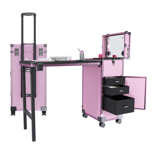 Portable Nail Art Table with LED Mirror, Bluetooth, Lockable Drawers, Telescopic Pole - Folding Manicure Station in Pink Plastic