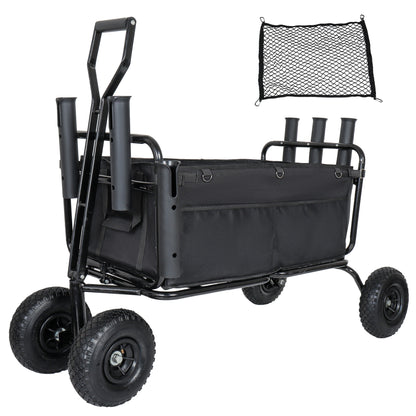 Fishing Cart Beach Cart Collapsible Wagon w/11'' All-Terrain Wheels for Sand, Heavy Duty Garden Cart with Rod Holders,Umbrella Holder and Storage Pockets, 550lb Large Capacity