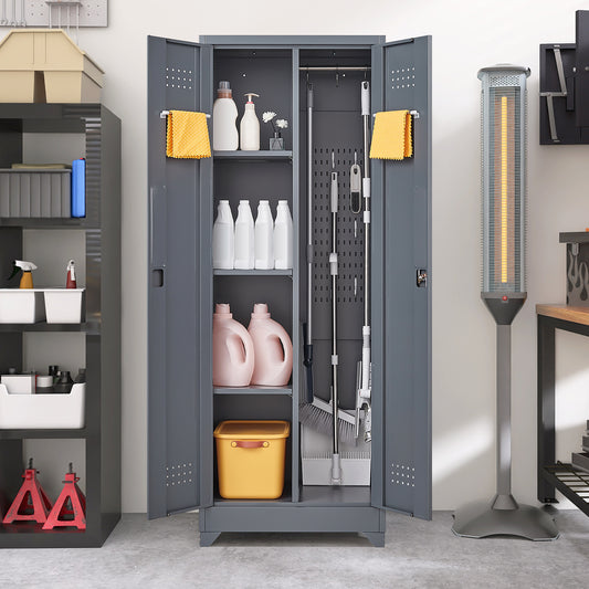Broom Storage Cabinet With Locking Doors And Shelves, 65' H Metal Storage Cabinet With Hanging Rod & S-Hooks, Cleaning Tool Storage Cabinet Grey
