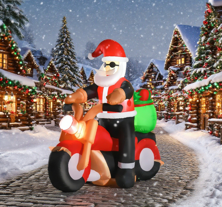 Christmas Inflatable Santa Claus Riding A Motorcycle with Toy Bag, Outdoor Blow-Up Yard Decoration