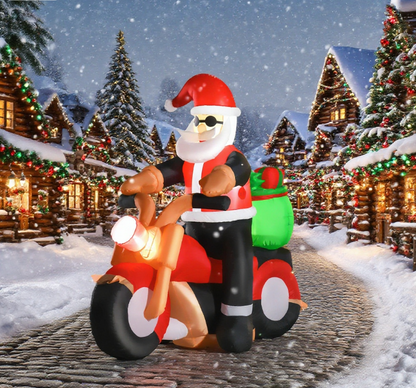Christmas Inflatable Santa Claus Riding A Motorcycle with Toy Bag, Outdoor Blow-Up Yard Decoration