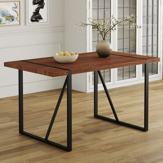 Industrial Rectangular MDF Walnut Color Wood Grain Dining Table for 4-6 people with 1.5 inch thick MDF top and black metal legs for desks, kitchens, patios, dining rooms.W1151P209830
