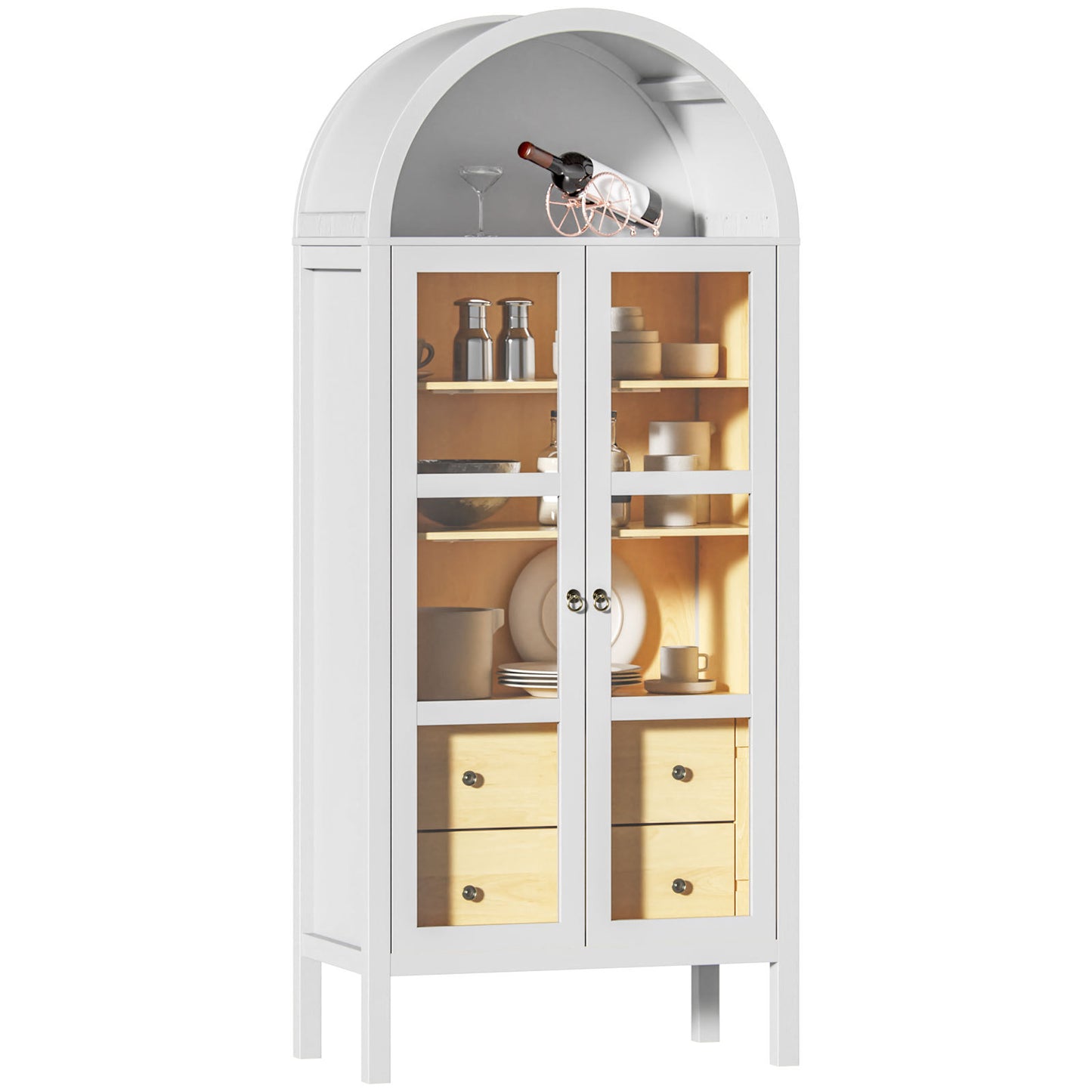 Modern Arched Cabinet with Glass Doors,72' Tall Auto Sensor Light Farmhouse Arch Storage Cabinet with Height Adjustable Shelf and 2 Drawers Display Bookshelf in White Oak Wood Grain