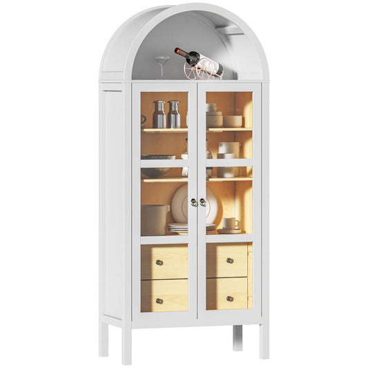 Modern Arched Cabinet with Glass Doors,72' Tall Auto Sensor Light Farmhouse Arch Storage Cabinet with Height Adjustable Shelf and 2 Drawers Display Bookshelf in White Oak Wood Grain
