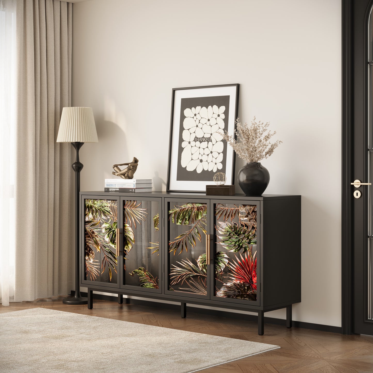 60.3' with 4 doors for Buffet Cabinets, Glazed painting art storage Cabinets, American retro control Console Table decorative Cabinets, Living room, Bedroom, Dining room