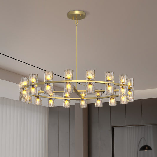 Modern 36' Gold Round Chandelier Light Fixture, K9 Crystal Chandeliers for Dining Room, Living Room, Dining Room Chandeliers Over Table, Chandelier for Bedroom, Foyer, Includes 36XG4 Bulbs