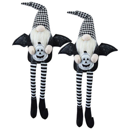 Set of 2, 4.3x3.5x23.5' Fabric Sitting Black Gnome With Wings & Black-White Plaid Hat, for Halloween Decor
