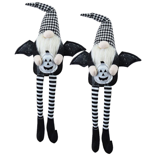 Set of 2, 4.3x3.5x23.5' Fabric Sitting Black Gnome With Wings & Black-White Plaid Hat, for Halloween Decor
