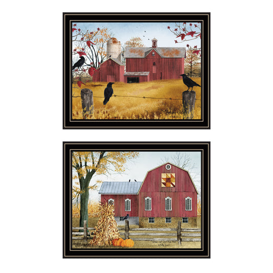 Trendy Decor 4U 2- Piece Vignette Autumn Red Barns Black Framed Wall Art for Living Room, Farmhouse Wall Art Print for Home Decor, Bedroom Wall Art by Billy Jacobs