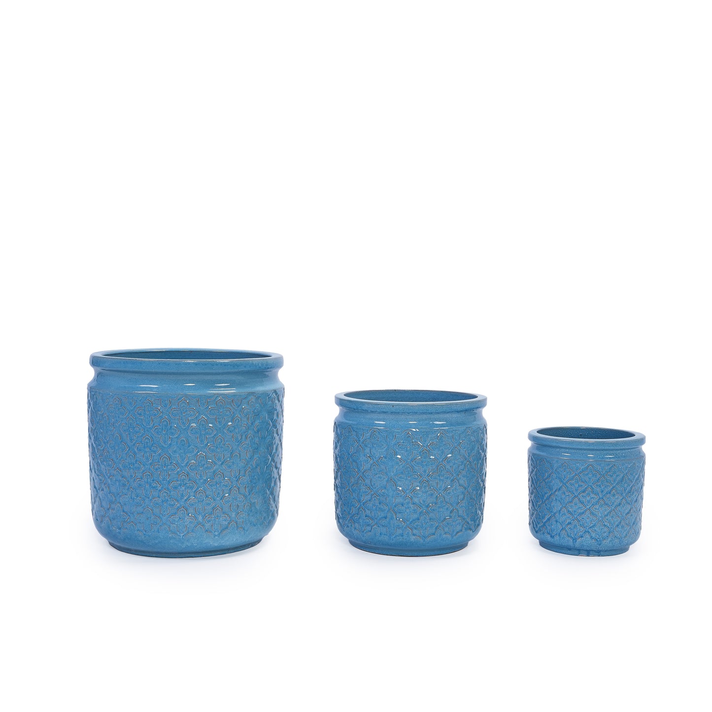 Set of 3 Flower Ceramic Flowerpot, Modern Planter for Patio, Garden, Windowsill - Antique Blue