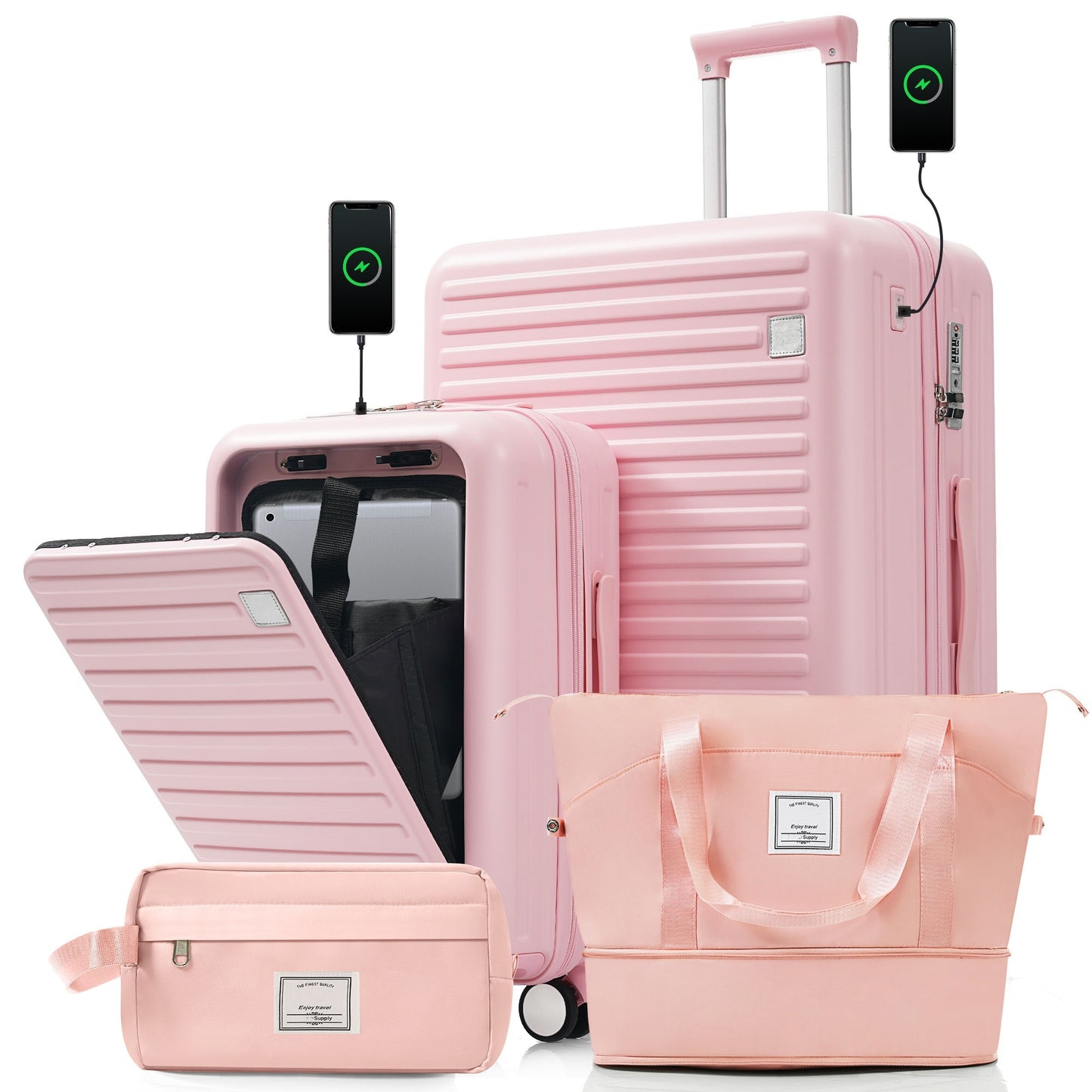 4-Piece Luggage Set with USB Charging Ports - 20in Carry-On (Front-Opening for Laptop) 28in Checked Suitcase with TSA Lock Travel Duffel Bag Wet-Dry Toiletry Bag, pink