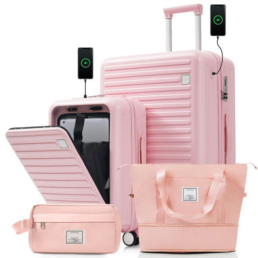 4-Piece Luggage Set with USB Charging Ports - 20in Carry-On (Front-Opening for Laptop) 28in Checked Suitcase with TSA Lock Travel Duffel Bag Wet-Dry Toiletry Bag, pink