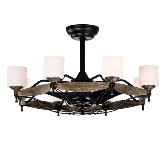 Dia 33 inch Chandelier Ceiling Fan for Bedroom Dining Room Living Room Kitchen Farmhouse Entry,Matte Black+  Wood Grain