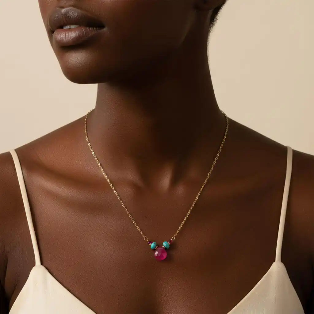 Pink Chalcedony Drop and Turquoise Gold Filled Necklace