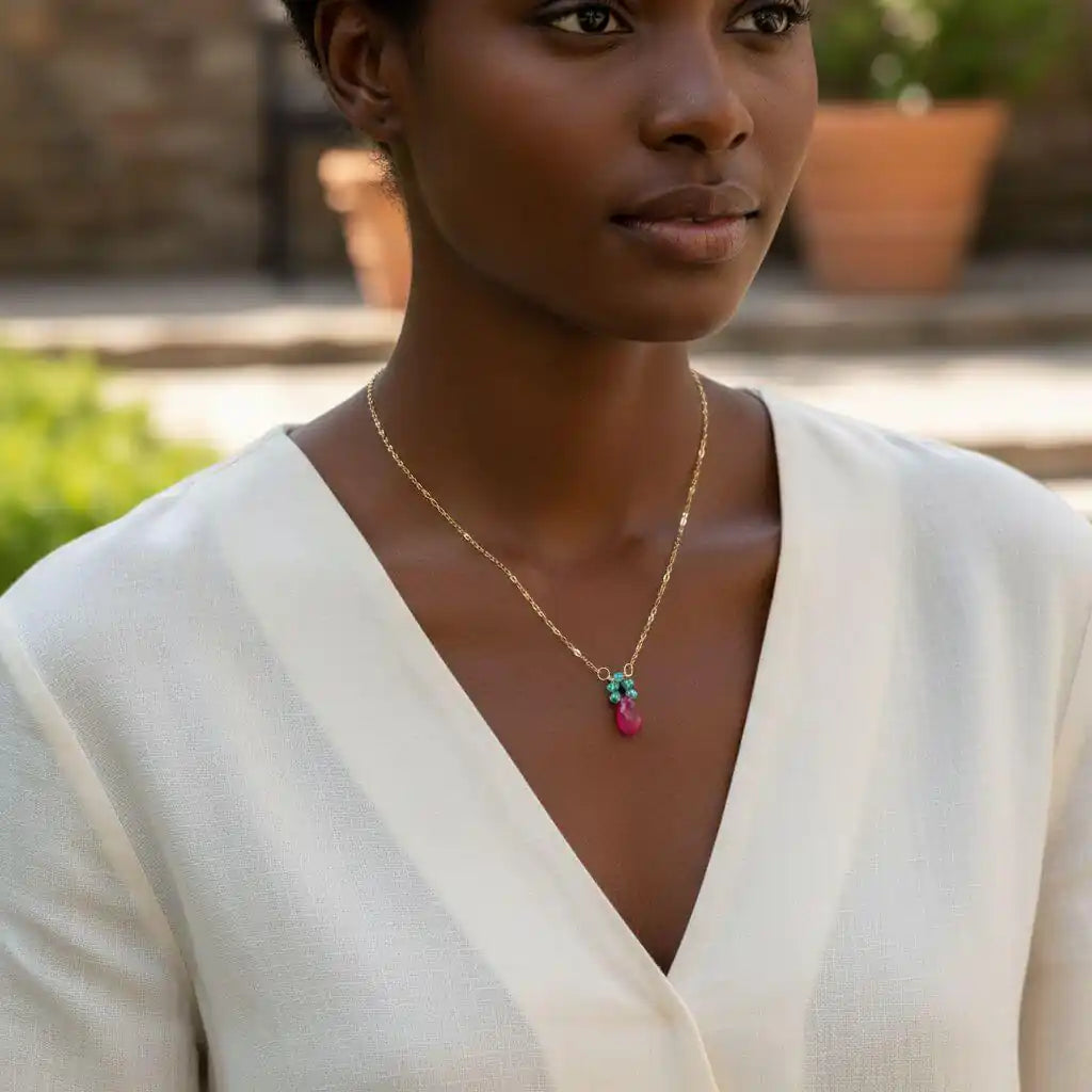 Gold Filled Pink and Aqua Gemstone Crystal Chain Necklace