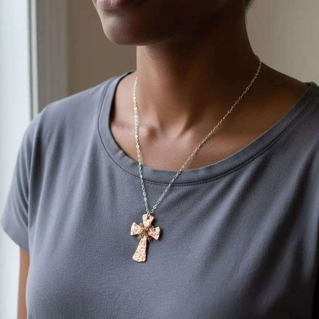 Chained Hammered Copper Cross Necklace for Him or Her