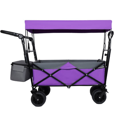 With Push Handle, 480Lbs Collapsible Wagon with Canopy, Wagon cart with 7' All-Terrain Wheels, Lightweight Foldable Wagon, Large Capacity for Camping, Shopping, Sports, and Garden Use, purple
