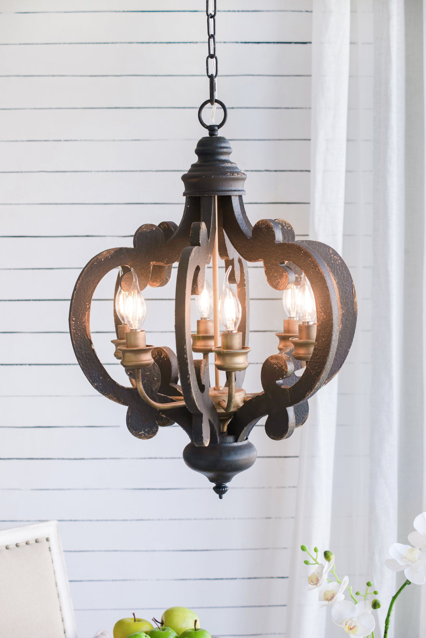 French Country Wood Chandelier, 6-Light Farmhouse Pendant Light Fixture with 28'  Adjustable Chain for Kitchen Foyer Hallway, Bulb Not Included