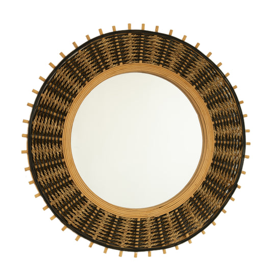 23'' Echo Mirror, Bamboo Round Art Wall Mirror with Light Yellow and Black Hemp Ropes, Suitable for Bathroom, Bedroom, Living Room, Entryway, etc.