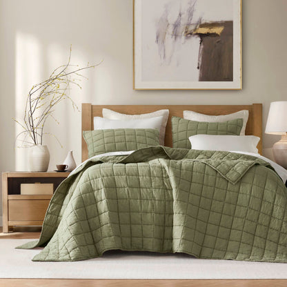 3-Piece Full/Queen Linen Garment Washed Quilt Set,Olive Green