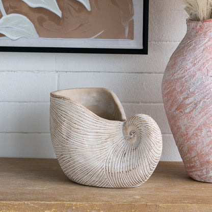 11.5x6.7x7.7' Sand and Cement Nautilus Shell Planter with Textured Beige Finish