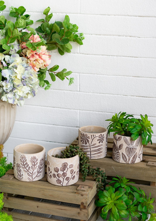 Set of 4 4.3x4.3x4' Gray Sand and Cement Planters with Brown Botanical Motifs