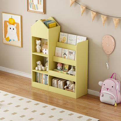 Yellow Kids Wooden Bookshelf Toy Storage Organizer with Bookcase, Kid's Bin Storage Unit with 6 Compartments 2 Baskets Bins Toys Box Organizer, Children Multi Shelf Cubby for Books, Toys Shelf