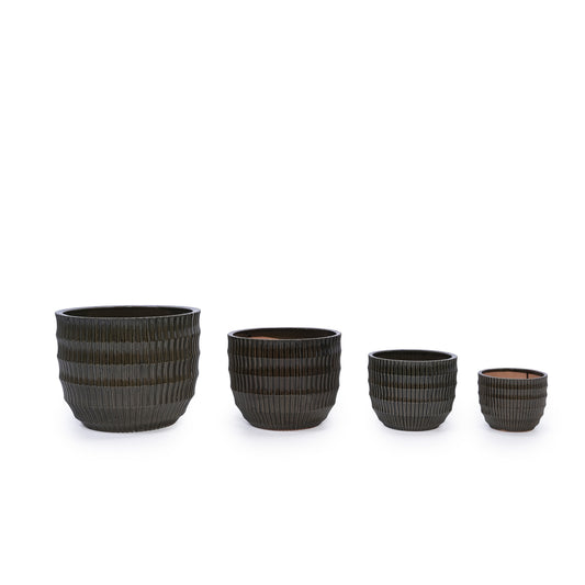 Set of 4 Fluted Ceramic Flowerpot, Modern Planter for Patio, Garden, Windowsill - Dark Coffee