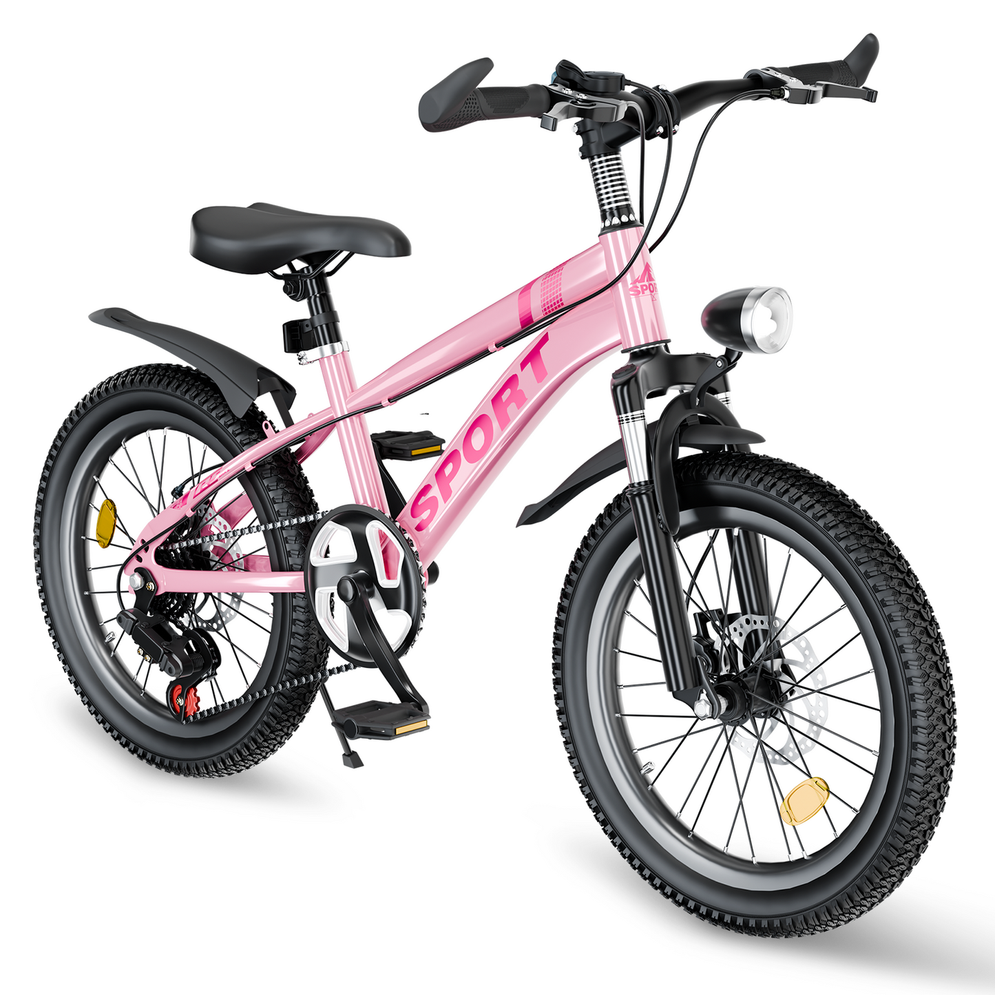 FKZNPJ 24 Inch Kids Mountain Bike for Boys & Girls Ages 7-12 – 7-Speed Gears, Dual Disc Brakes, Shock Absorber Front Fork, LED Light – Silver & Pink