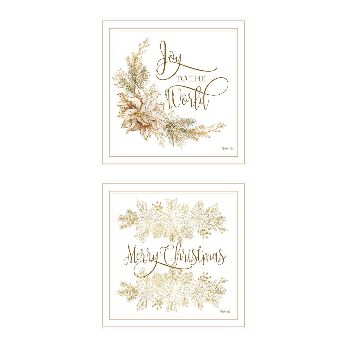 Trendy Decor 4U 2- Piece Vignette Golden Merry Christmas White Framed Wall Art for Living Room, Bedroom Wall Art Print for Home Decor by Mollie B