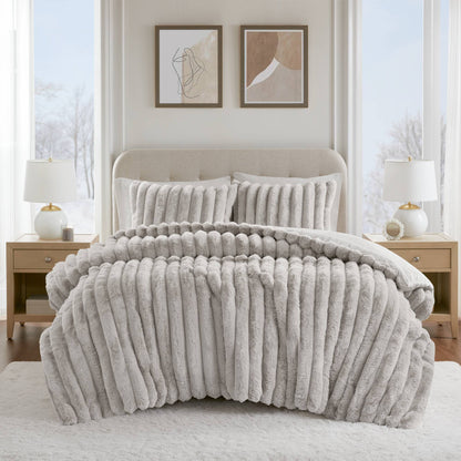 3 Pieces King Ultrasoft Faux Fur Ribbed Comforter Set,Light Gray