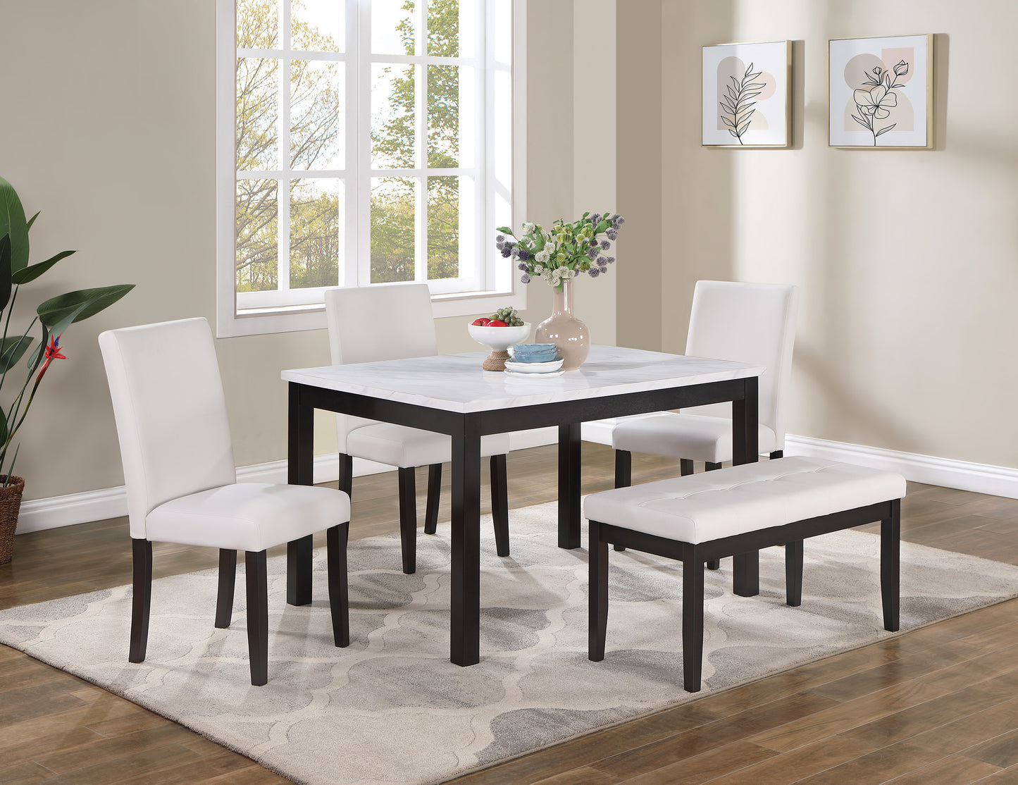 5 Piece Dining Set with Chairs and Bench in White