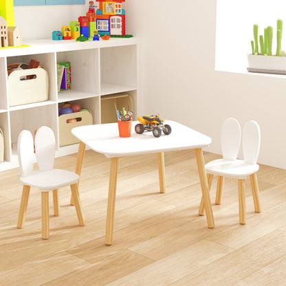 Kids Table and 2 Chairs Set, 3 Pieces Rabbit Themed Toddler Table and Chair Set, Children Wooden Activity Play Table Set Solid Wood Legs (White)
