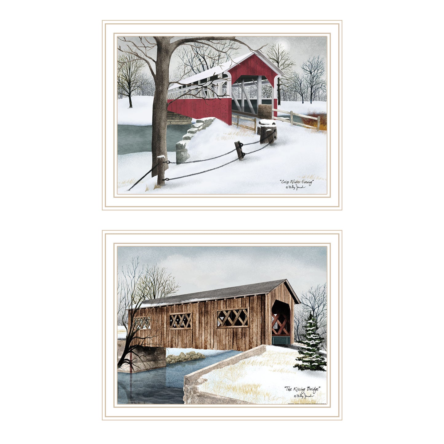 Trendy Decor 4U 2- Piece Vignette Winter Covered Bridges White Framed Wall Art for Living Room, Bedroom Wall Art Print for Home Decor by Billy Jacobs