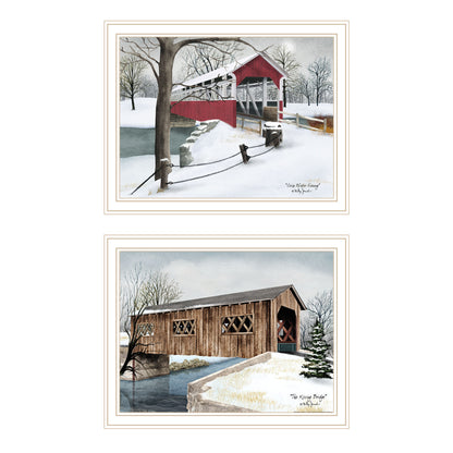 Trendy Decor 4U 2- Piece Vignette Winter Covered Bridges White Framed Wall Art for Living Room, Bedroom Wall Art Print for Home Decor by Billy Jacobs