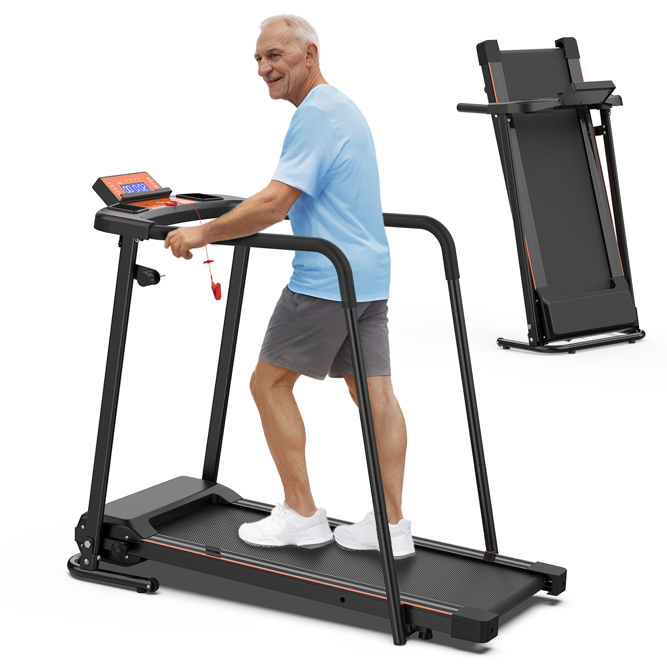 Walking Treadmills for Home, Extended Handrails for Recovery Fitness, Portable Foldable Treadmill for Seniors with Optional APP Control, 300 LBS Capacity
