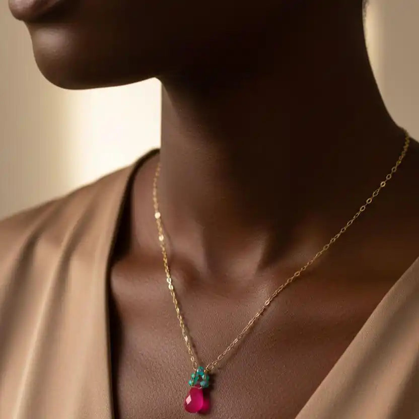 Gold Filled Pink and Aqua Gemstone Crystal Chain Necklace