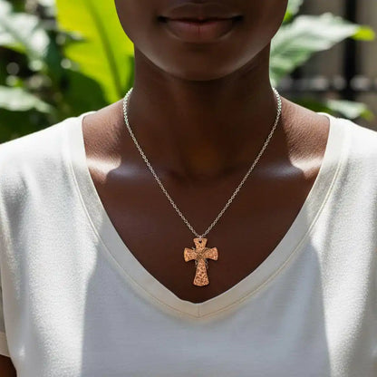 Chained Hammered Copper Cross Necklace for Him or Her