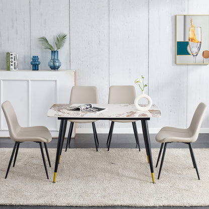 Table and chair set.48.4*28 Inch Sintered Stone Dining Table Set -  4 Warm Gray Artificial PU Chairs With Curved Widened Cushion Design.White Pandora Patterned Rock Slab Desktop.