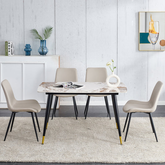 Table and chair set.48.4*28 Inch Sintered Stone Dining Table Set -  4 Warm Gray Artificial PU Chairs With Curved Widened Cushion Design.White Pandora Patterned Rock Slab Desktop.