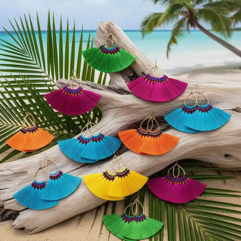 Handmade Hawaii Hula Skirt Rayon Silk Tassel Hoop Earrings