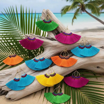 Handmade Hawaii Hula Skirt Rayon Silk Tassel Hoop Earrings