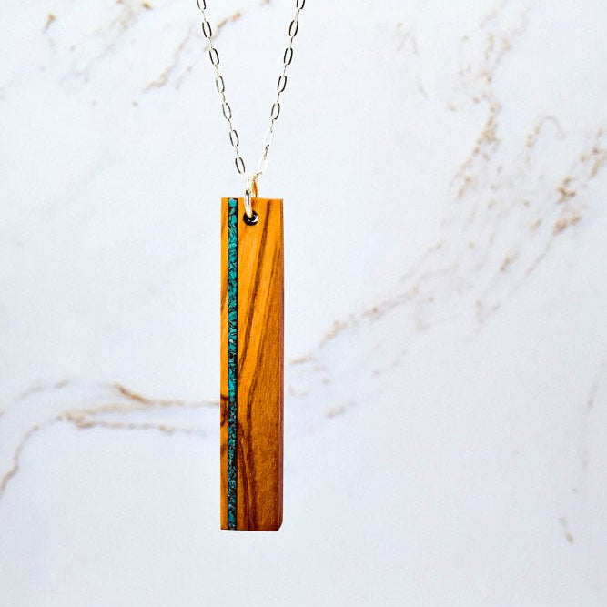 Stone Inlay Bar Necklace | Wood & Gem Accent