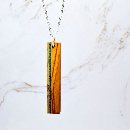 Stone Inlay Bar Necklace | Wood & Gem Accent