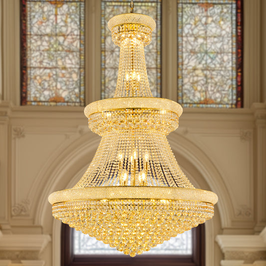 Luxury Gold Crystal Chandelier, 42-Inch 3-Tier Empire Style with 36 E12 Bulbs 480 Spare Hand-Strung K9 Crystals, Adjustable 79-Inch Chain, Perfect for Foyer, Staircase, Double-Height Living Room