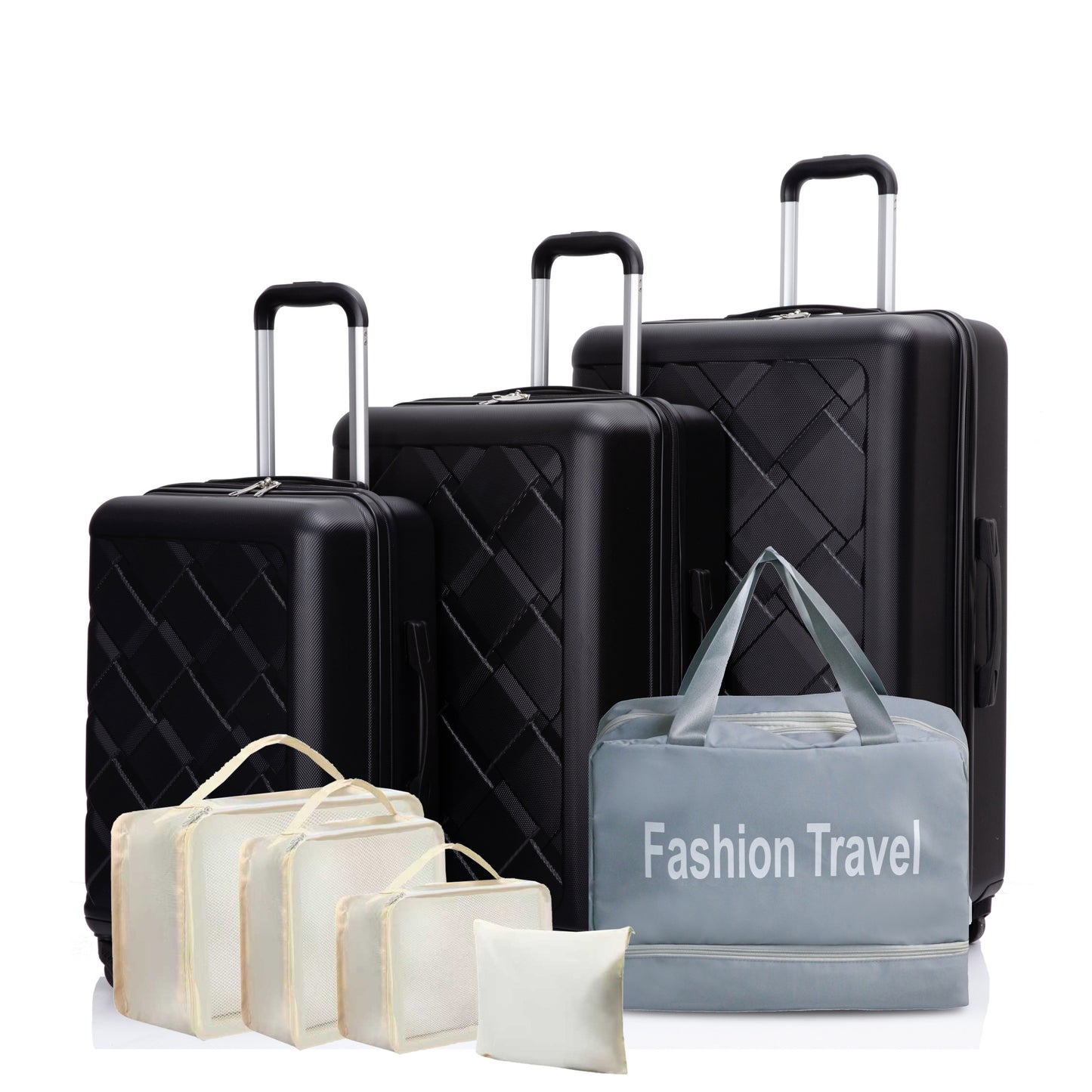 Hardshell Suitcase  with Spinner Wheels ABS Luggage Sets Lightweight Durable Suitcase,8-Piece Set (20/24/28+portable handbag + 4 pieces storage bag set) , BLACK