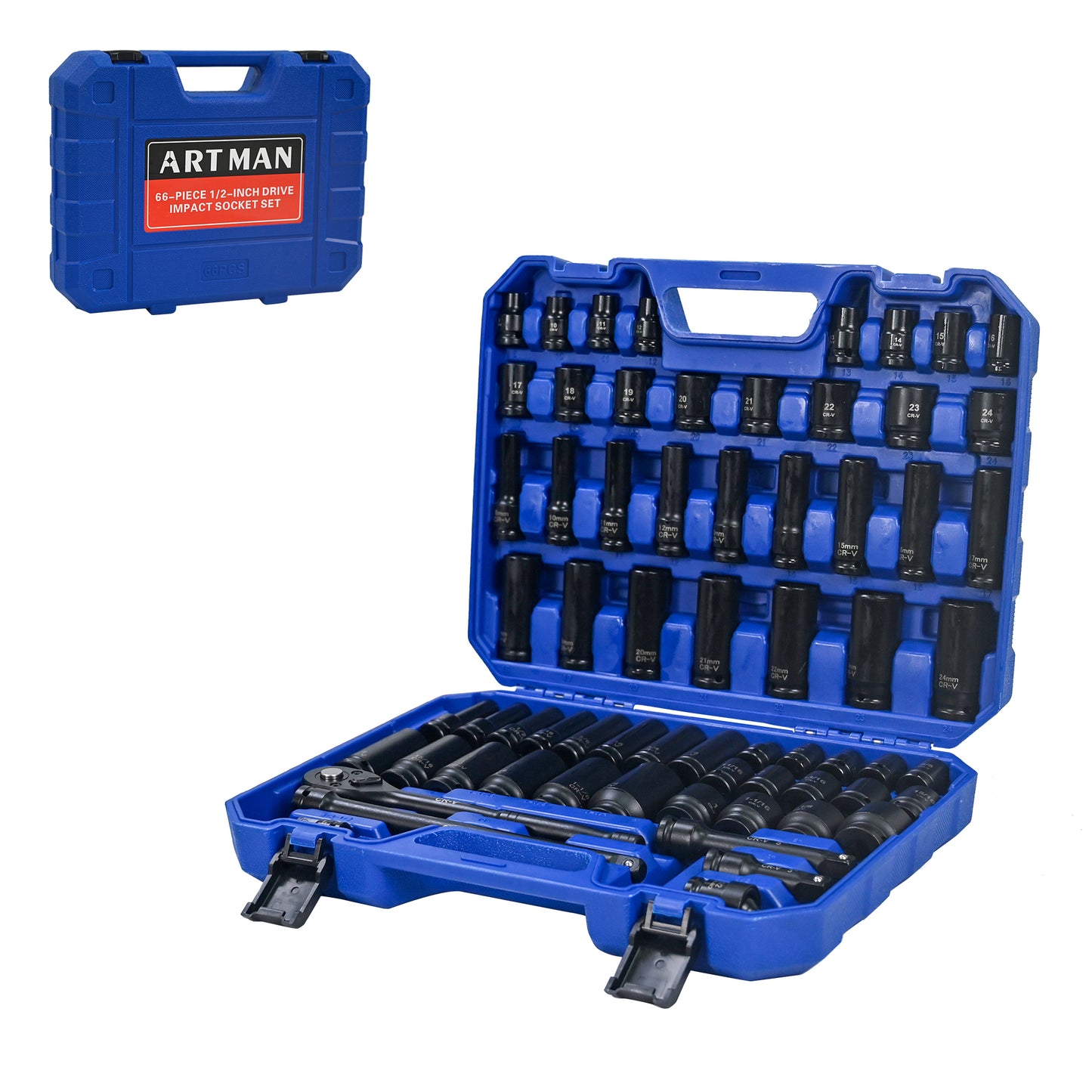 Air Tool and Accessories Kit, 66 Pieces, Long and Short Sets, Universal Short Sets, Extension Rods, Universal Connectors, Ratchet Wrenches, -Black,Blue